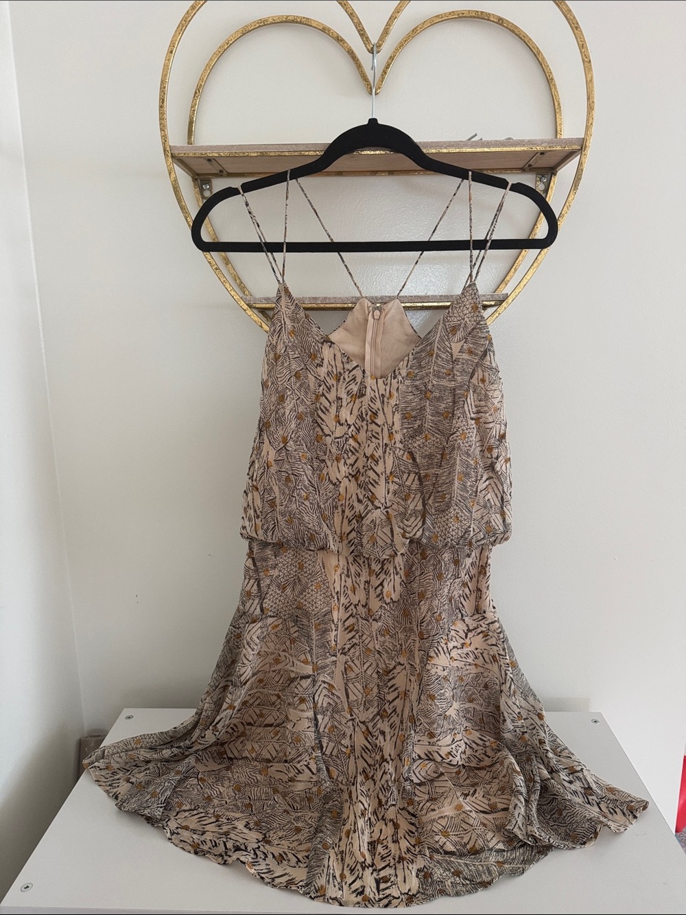 Ark & Co Cream Printed Spaghetti Strap Dress with Gold Accents